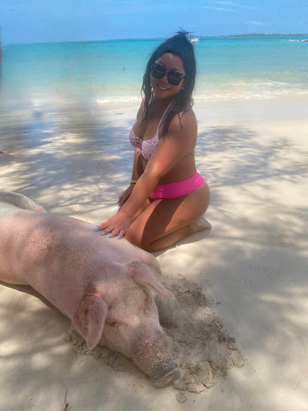 Marie smiling on a white-sand beach beside a pig, with turquoise water behind her
