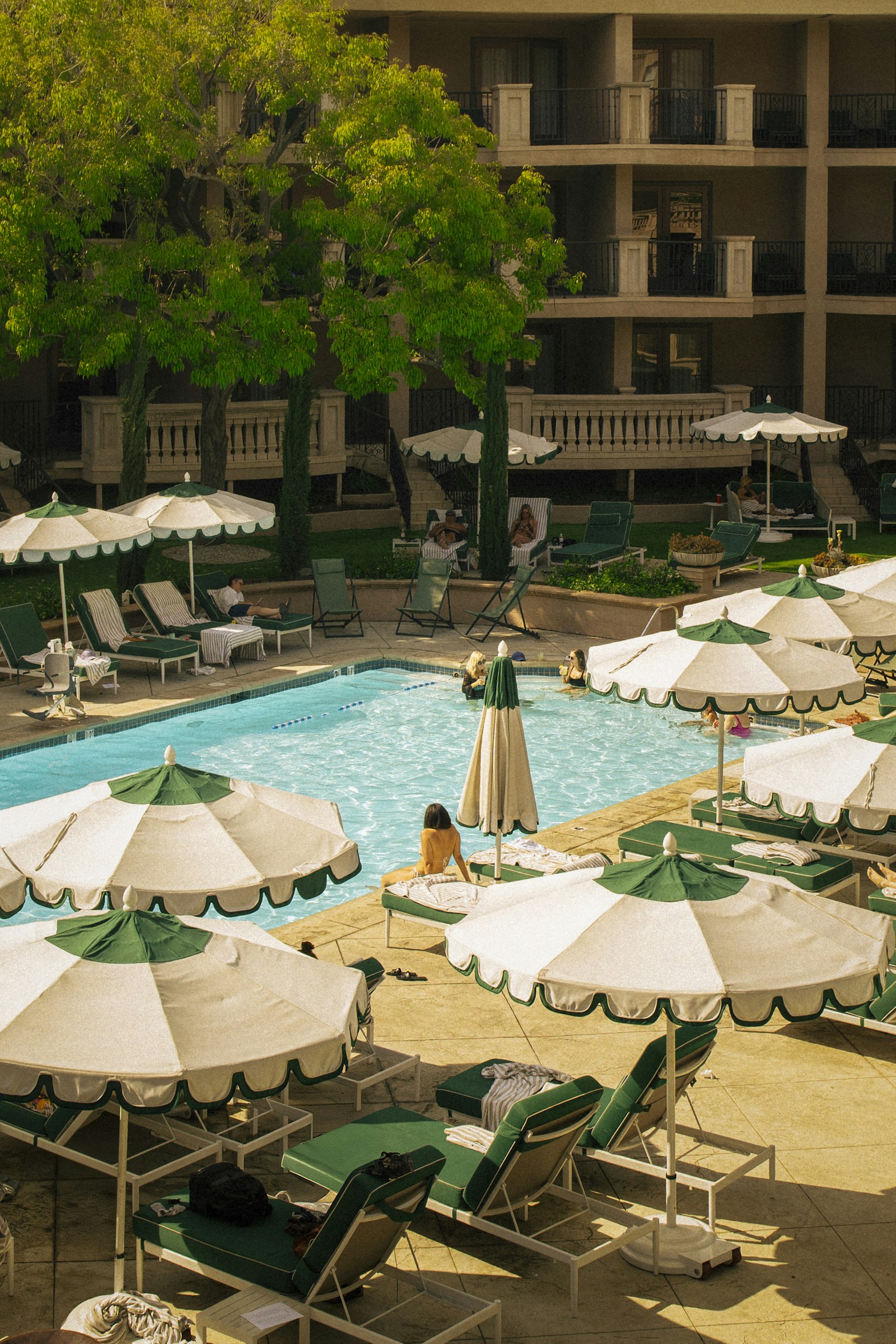 Sunlit resort swimming pool with loungers and umbrellas